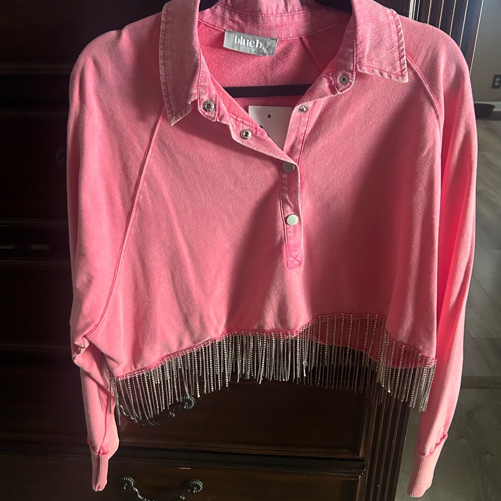 BlueB Pink Cropped Top with Rhinestone Fringe